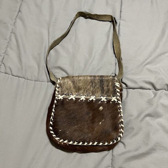 Womens Small Pony Cowhide Handmade Leather Black & Brown White Stitch Bag 7X7 - Picture 4 of 9